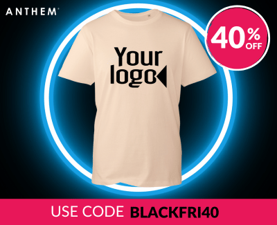 An off white t-shirt with the placeholder text 'your logo.' The background has a neon circle design, with the Beechfield brand logo and a circular badge displaying '40% off.' A pink banner at the bottom says 'Use code BLACKFRI40'.